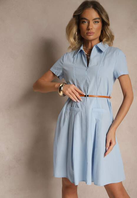 Niebieska Sukienka Koszulowa z Cienkim Paskiem w Talii Weolessa