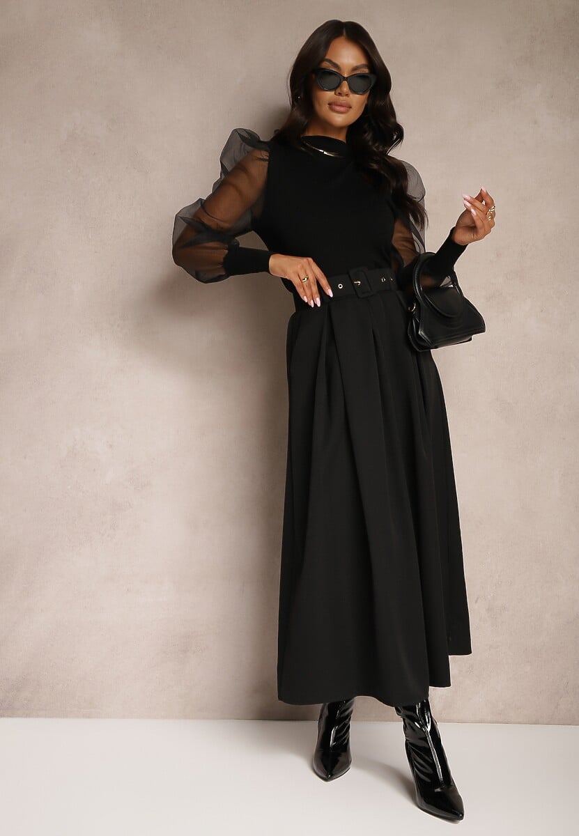 Czarna Spódnica z Wiskozą o Rozkloszowanym Kroju z Paskiem i Gumką w Talii Prianna