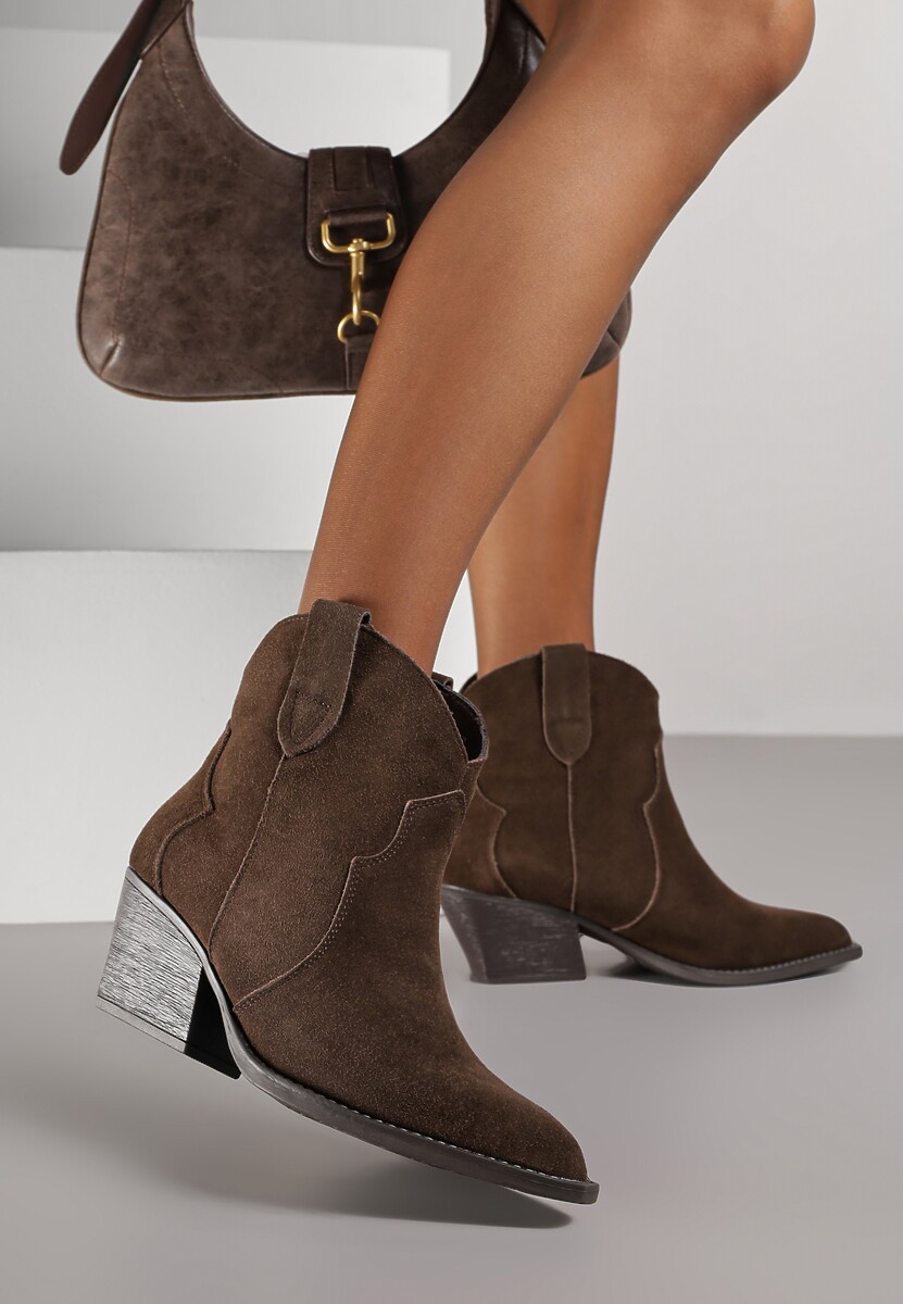 Brązowe Botki Kowbojki na Stożku ze Skóry Naturalnej Liravetta