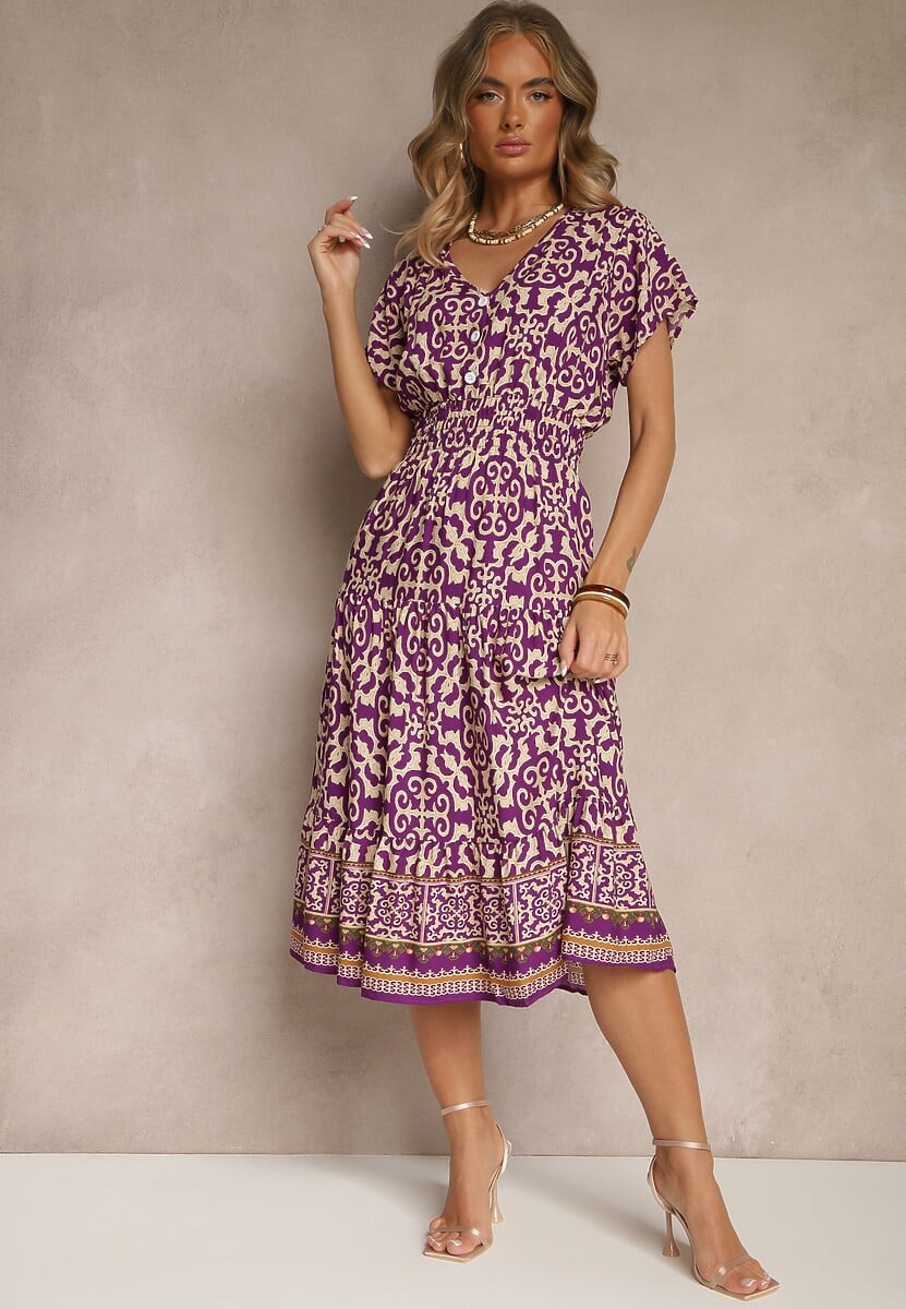 Ciemnofioletowa Sukienka z Bawełny z Trójkątnym Dekoltem i Gumką w Talii Zapinana na Guziki Lavlea