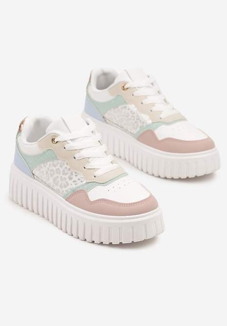 Biało-Różowe Sneakersy na Platformie z Tłoczeniem Ozdobione Panterką i Perforacją Udivaya