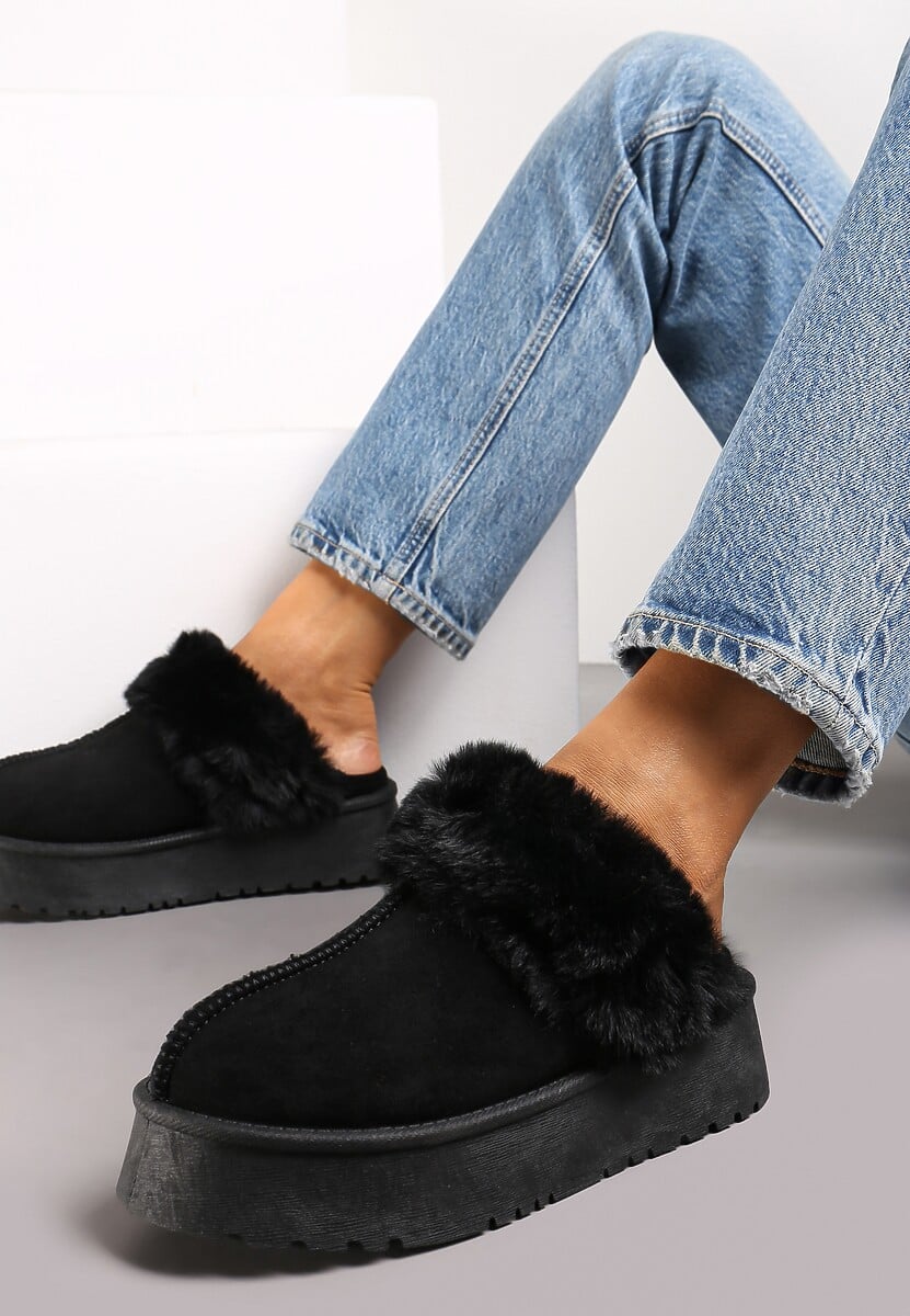 Czarne Kapcie na Platformie z Ekozamszu z Futerkiem Livorn