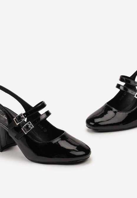 Czarne Czółenka na Obcasie Ozdobione Cienkimi Paskami Okaria