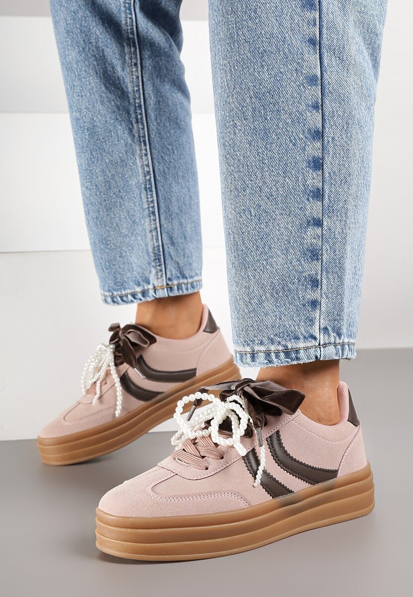 Różowe Sneakersy Tenisówki na Tłoczonej Platformie Ozdobione Perłami Ashinne