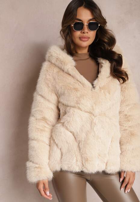 Beżowa Kurtka z Futerkiem i Kapturem Haiattas