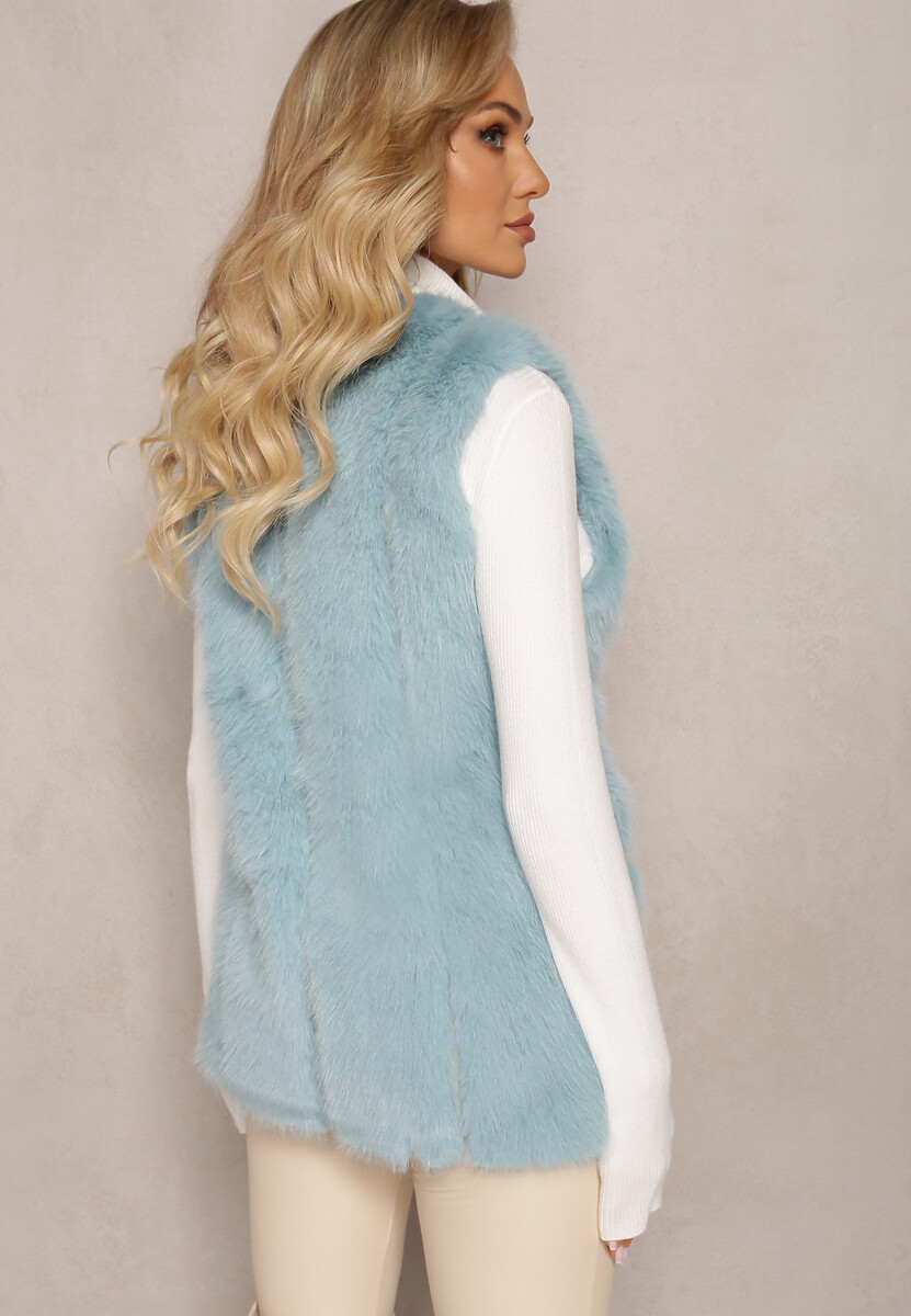 Niebieska Puchata Kamizelka z Futerka Ozdobiona Imitacją Skóry Tekllesa