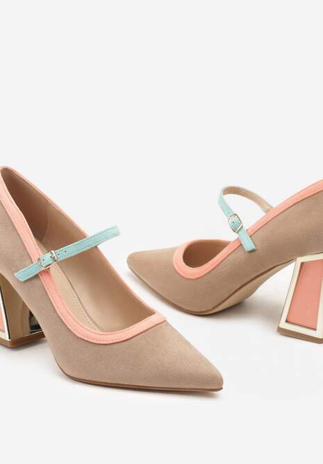 Ciemnobeżowe Czółenka na Słupku z Metaliczną Wstawką i Paskiem Linnelea