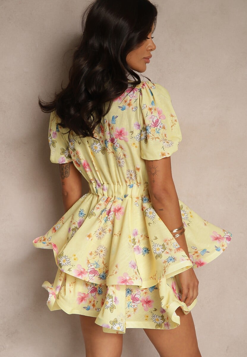 Żółta Rozkloszowana Sukienka z Bawełny Zdobiona Falbanami i Kwiatowym Wzorem Sarolisse