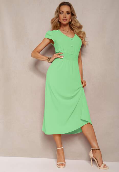 Zielona Sukienka o Rozkloszowanym Kroju z Gumką w Talii i Guzikami Ebiana