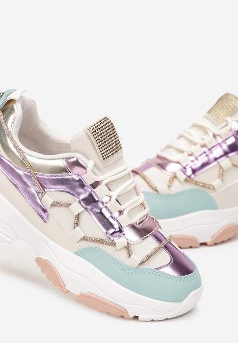Beżowo-Fioletowe Sneakersy Ozdobione Sznureczkiem z Cyrkoniami Nathanias