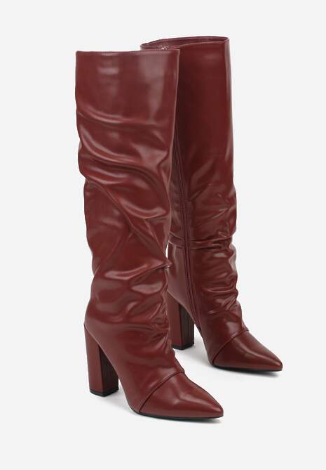 Bordowe Marszczone Kozaki na Słupkowym Obcasie z Noskiem w Szpic Badara