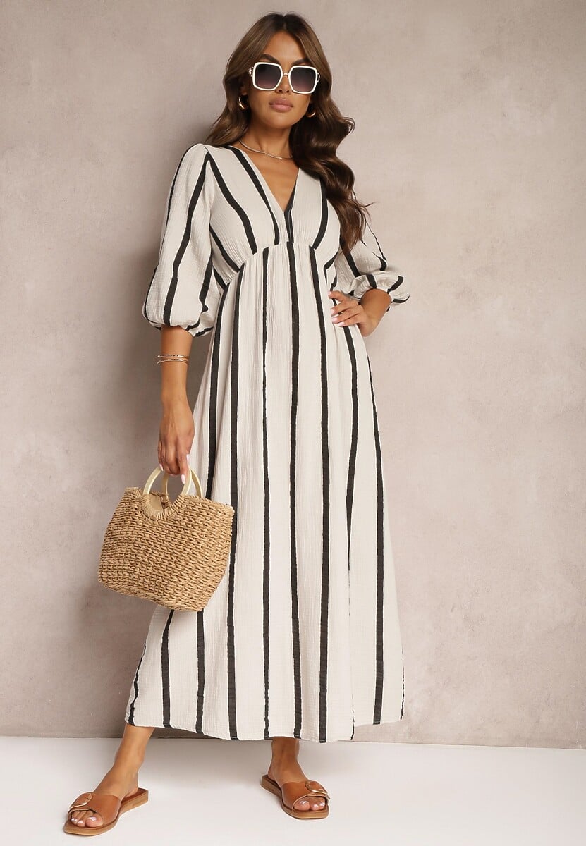 Biało-Czarna Bawełniana Sukienka w Paski o Rozkloszowanym Kroju Legelia