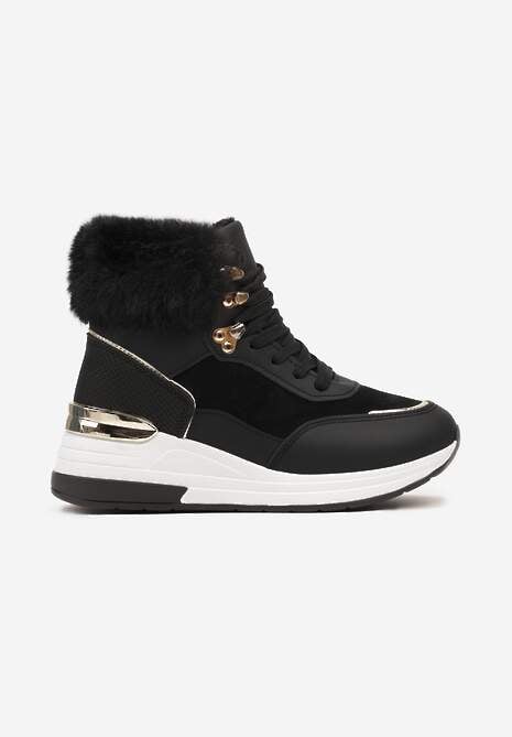 Czarne Futerkowe Sneakersy na Koturnie z Metalicznymi Wstawkami Kaithrin