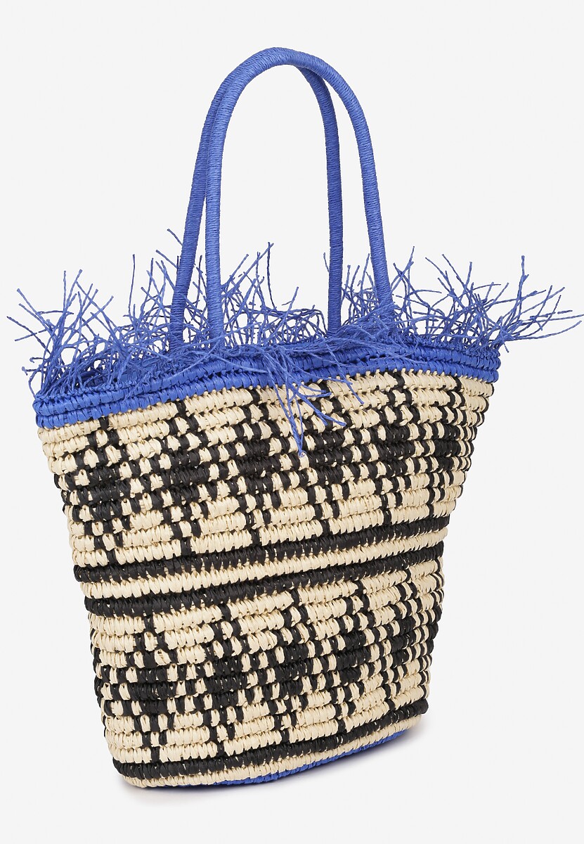 Beżowo-Niebieska Torebka z Plecionki Ozdobiona Frędzlami Zapinana na Zamek Błyskawiczny Timazella