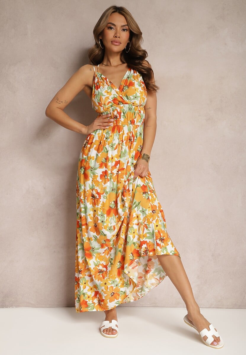 Żółta Rozkloszowana Sukienka z Wiskozy na Ramiączkach w Kwiaty z Odkrytymi Plecami Allaine