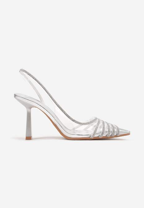 Srebrne Transparentne Sandały na Obcasie ze Szpiczastym Noskiem i Cyrkoniami Felissin