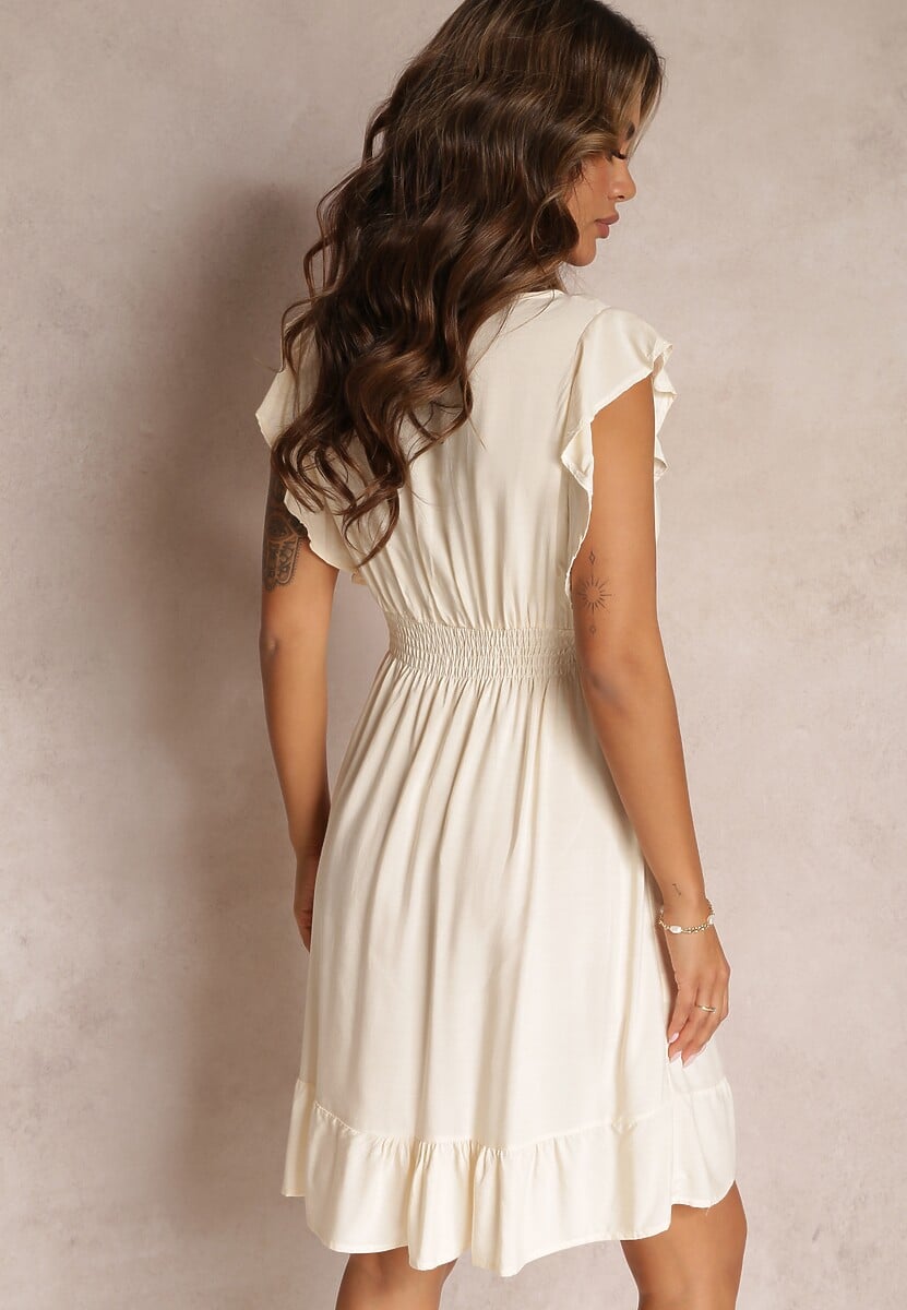 Jasnobeżowa Mini Sukienka z Wiskozy o Rozkloszowanym Fasonie i Kopertowym Dekolcie Lolsa