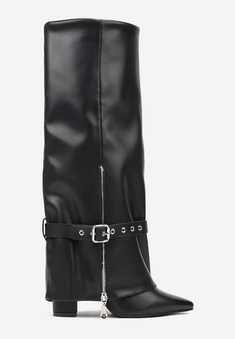 Czarne Kozaki na Obcasie z Wywiniętą Cholewką z Suwakiem i Sprzączką Fennoria