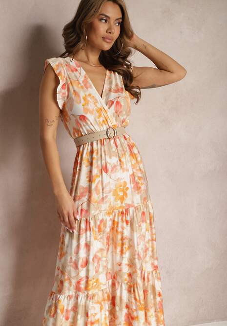 Beżowa Sukienka Wiązana z Tyłu z Trójkątnym Dekoltem i Gumką w Talii Fiolarae