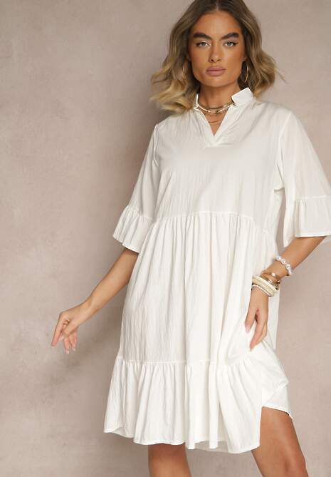 Biała Rozkloszowana Sukienka z Wiskozą i Falbanami Eviranna