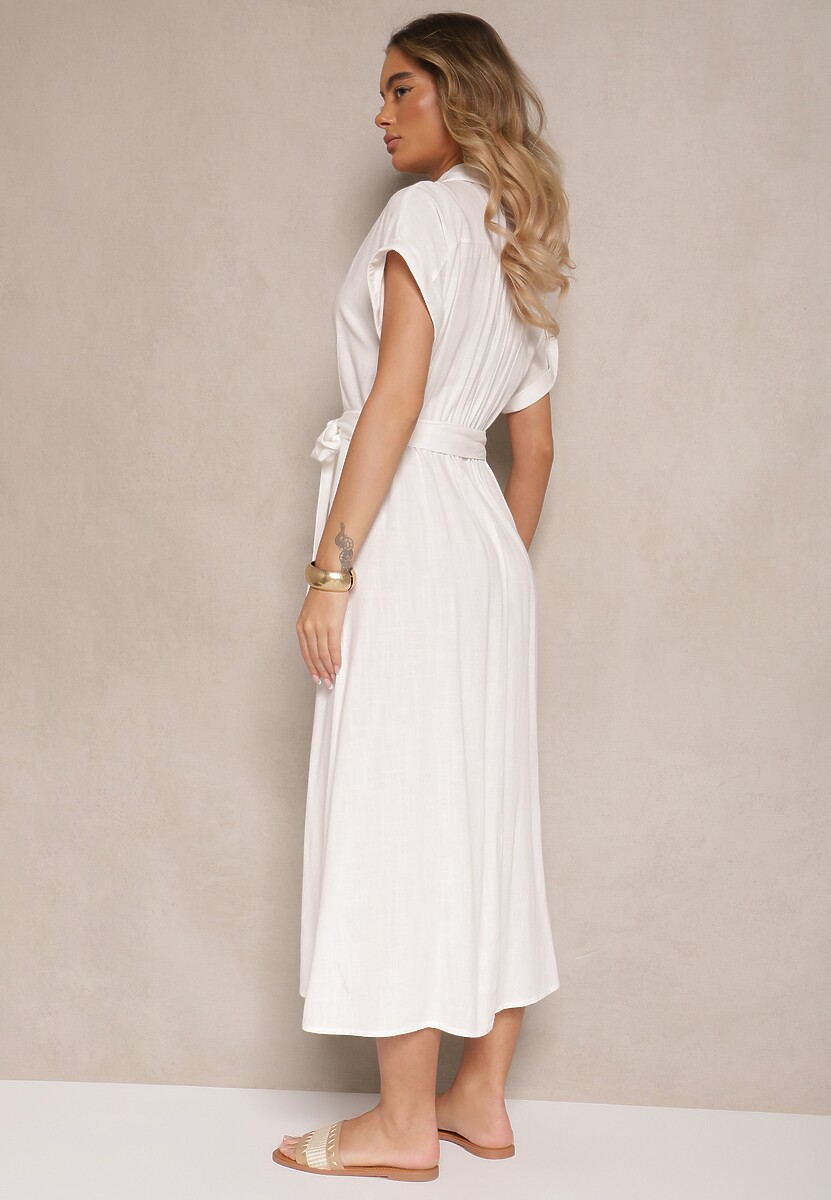 Biała Bawełniana Sukienka Koszulowa z Wiązanym Paskiem i Krótkim Rękawem Elannoria