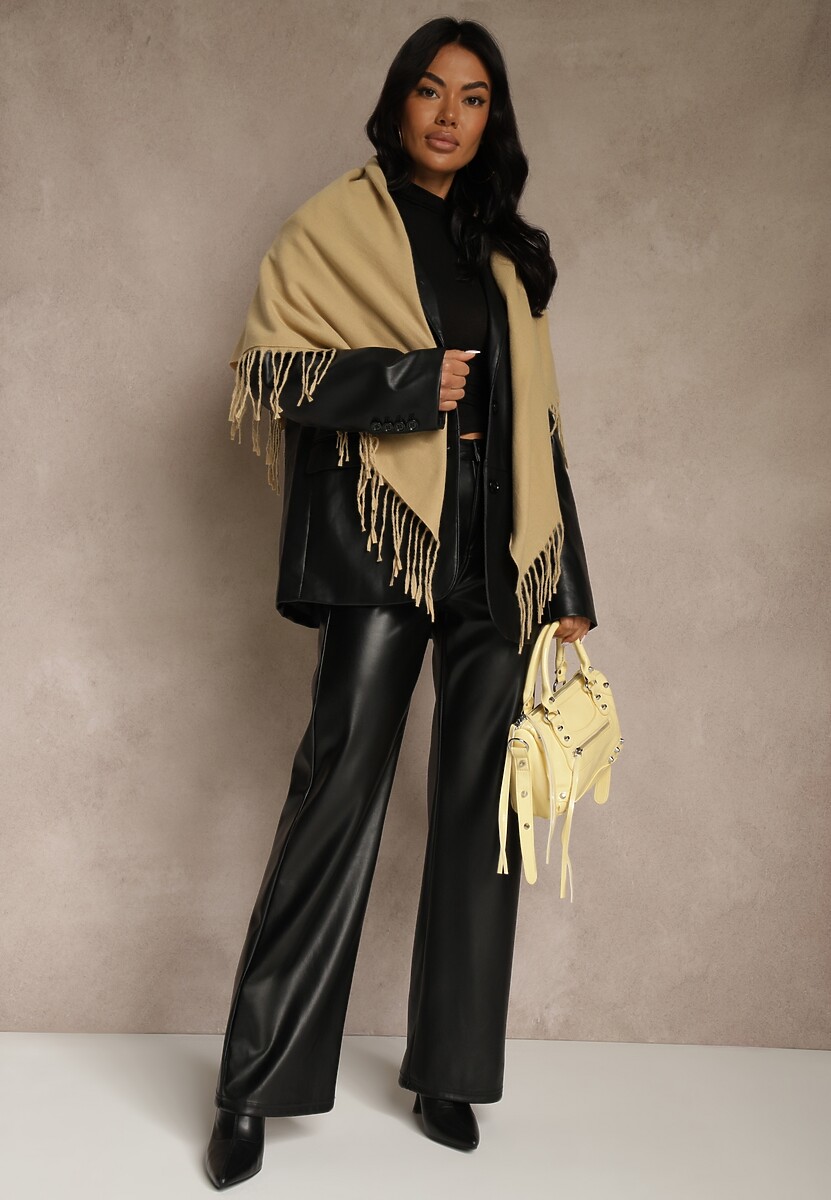 Beżowy Szalik w Kształcie Trójkąta z Frędzlami Vetifare