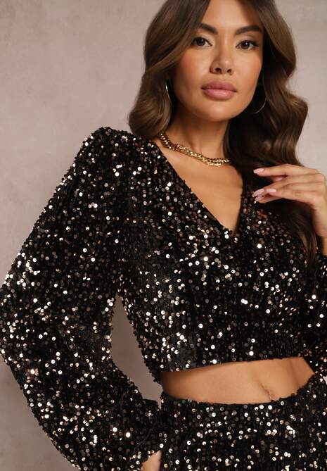 Złota Bluzka z Trójkątnym Dekoltem i Bufiastymi Rękawami Ozdobiona Cekinami Loness