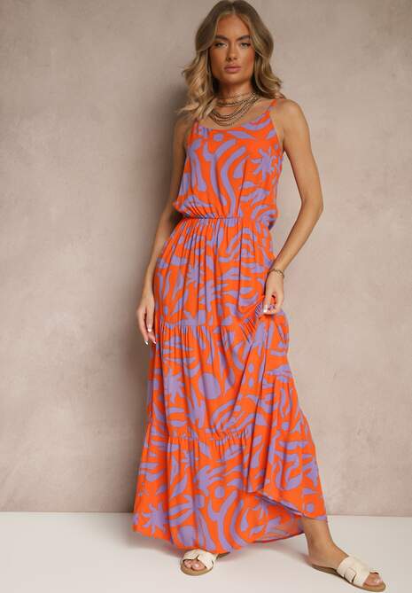 Pomarańczowo-Fioletowa Rozkloszowana Sukienka z Wiskozy na Ramiączkach Flesira