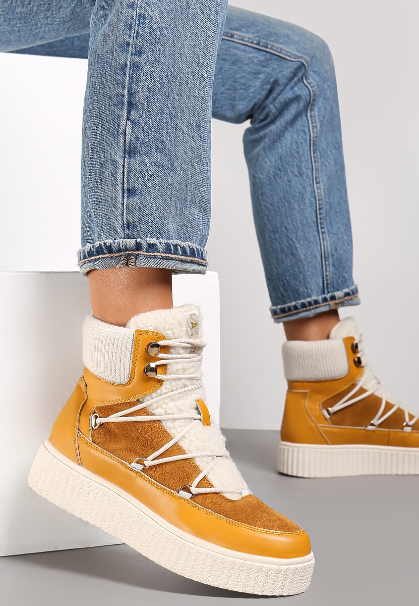 Brązowe Traperki Skórzane Sznurowane na Platformie Yamo