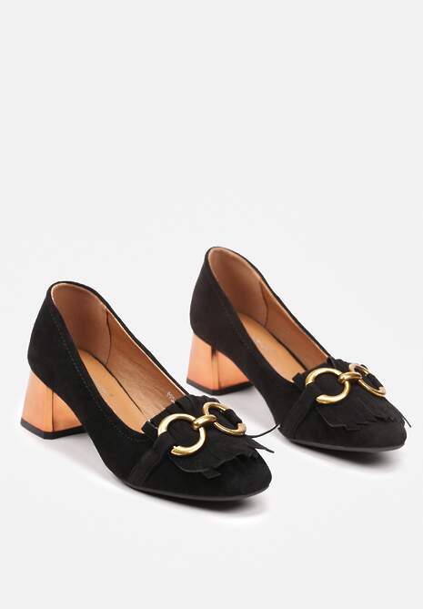 Czarne Czółenka na Geometrycznym Klocku z Frędzlami i Metaliczną Ozdobą Tivala