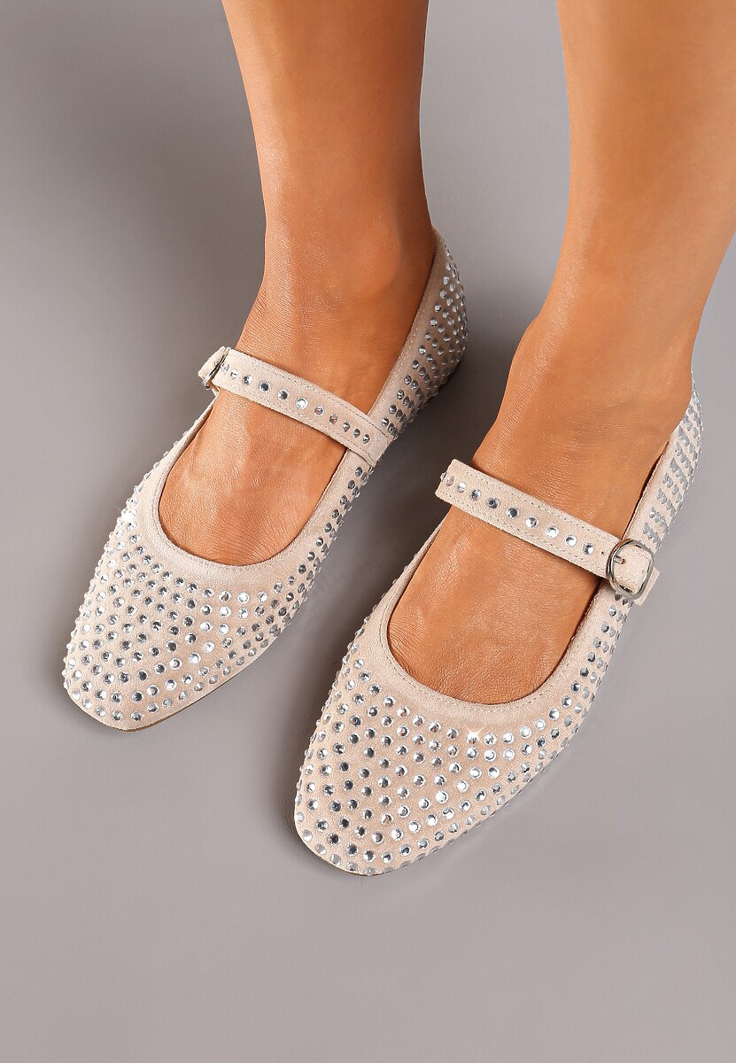Beżowe Balerinki na Płaskiej Podeszwie Ozdobione Cyrkoniami i Regulowanym Paskem Nenivia