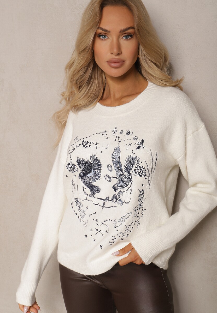 Jasnoszary Sweter Ozdobiony Haftowanym Wzorem w Ptaki Inarielle