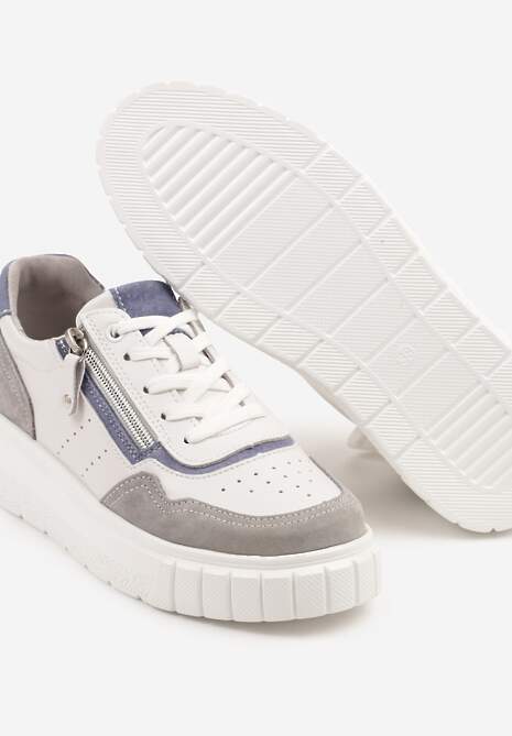 Biało-Szare Sneakersy ze Skóry Naturalnej z Ozdobnym Suwakiem Tilliraya