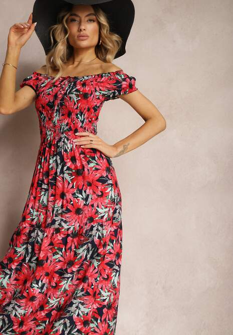 Granatowo-Czerwona Rozkloszowana Sukienka Hiszpanka z Wiskozy w Kwiatowy Wzór Viseria