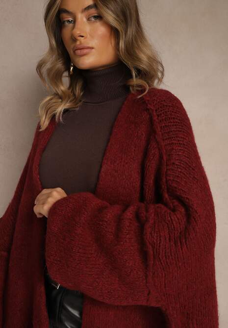 Bordowy Niezapinany Kardigan Nietoperzowy z Dodatkiem Wełny i Wiskozy Rallidia