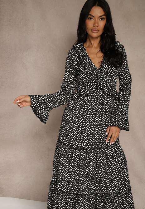 Czarna Sukienka VICES o Rozkloszowanym Fasonie z Falbankami Nevite