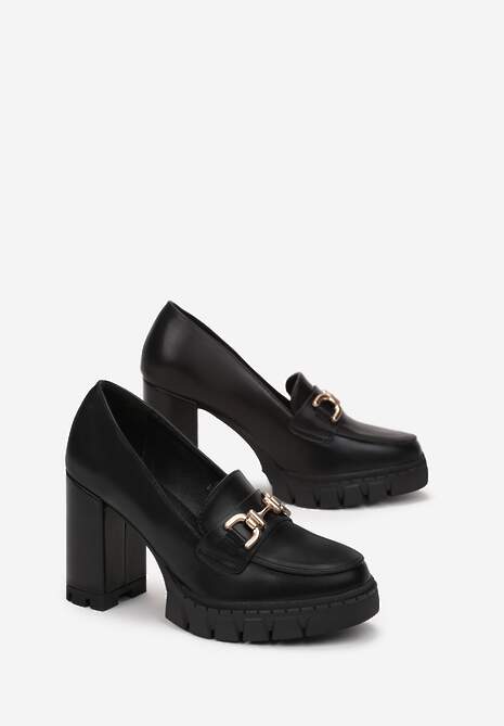 Czarne Półbuty z Metalową Aplikacją na Kwadratowym Wysokim Słupku i Platformie Viama