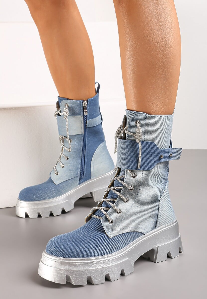 Niebieskie Sznurowane Traperki na Platformie Zdobione Brokatem Opleja