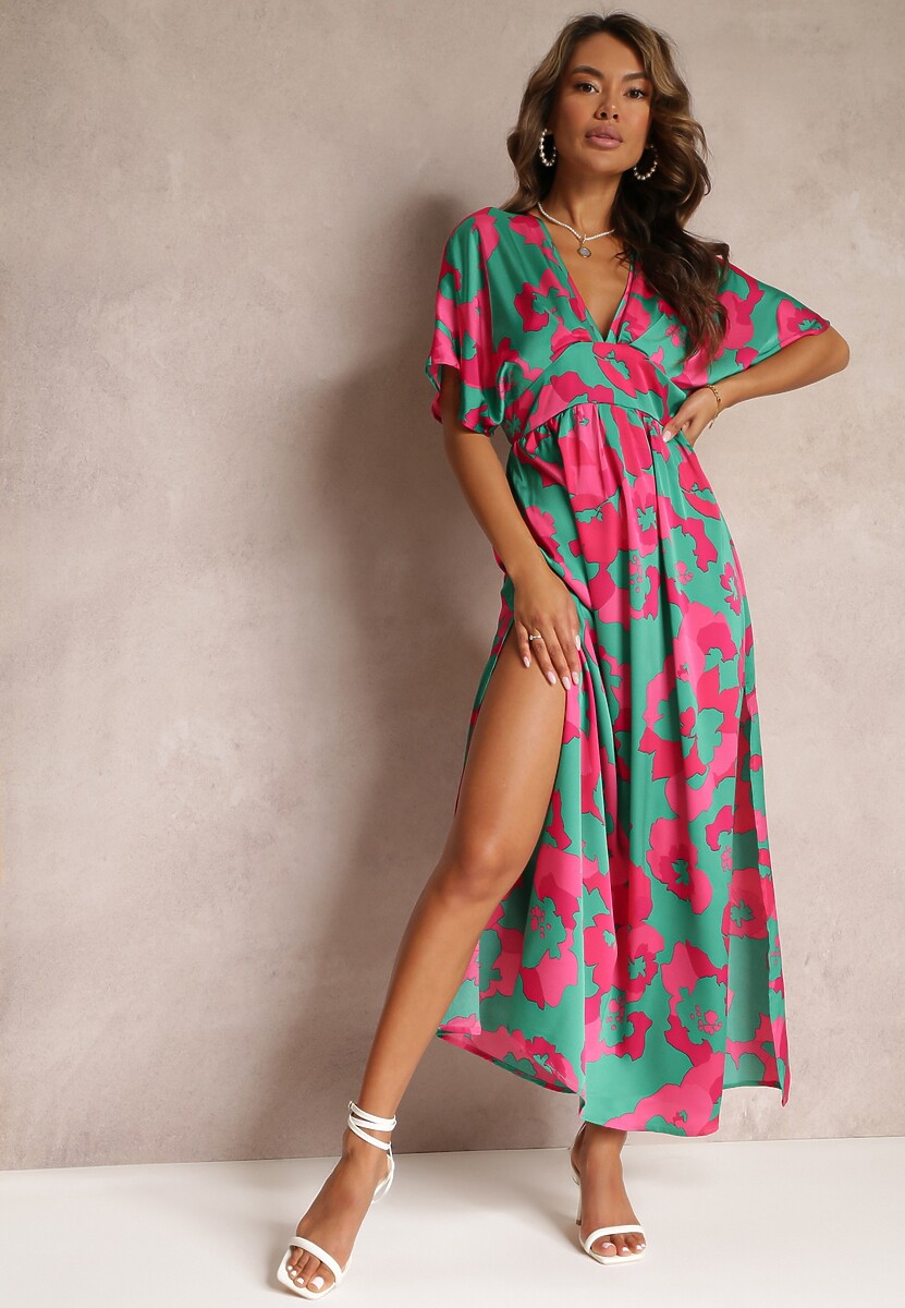 Zielona Rozkloszowana Sukienka Maxi z Wycięciami Aleri