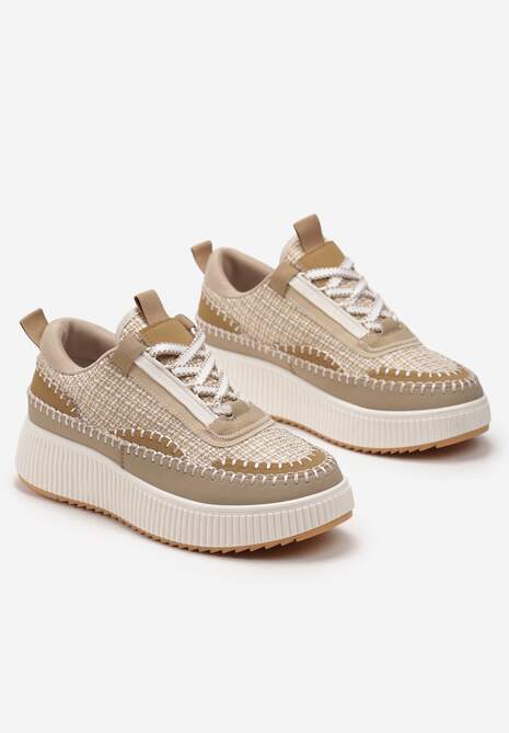 Ciemnobeżowe Tweedowe Sneakersy na Platformie z Przeszyciem Orilenes
