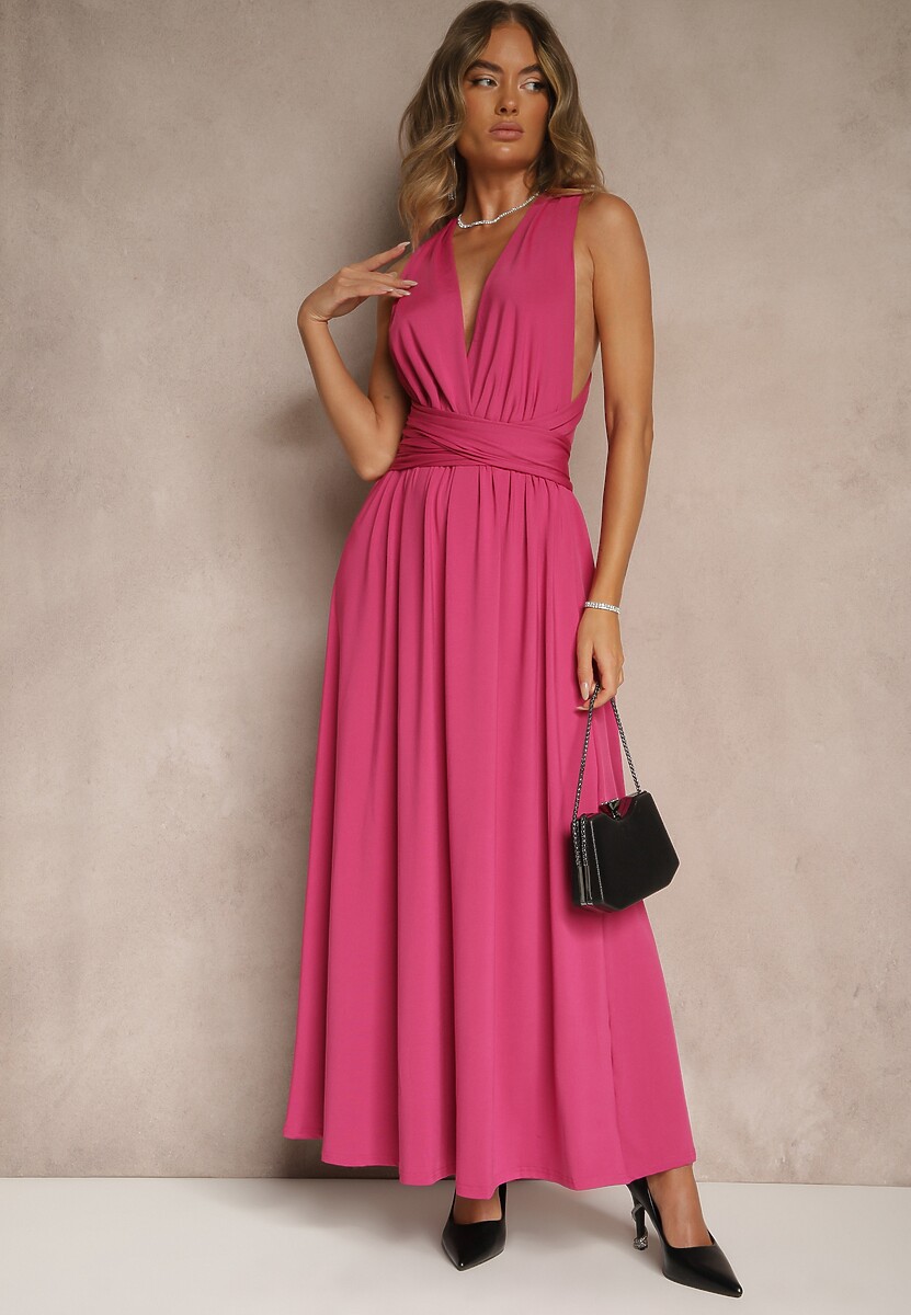 Bordowa Sukienka Koktajlowa Multiway z Wiskozą Wiązana na Szyi Lilovea