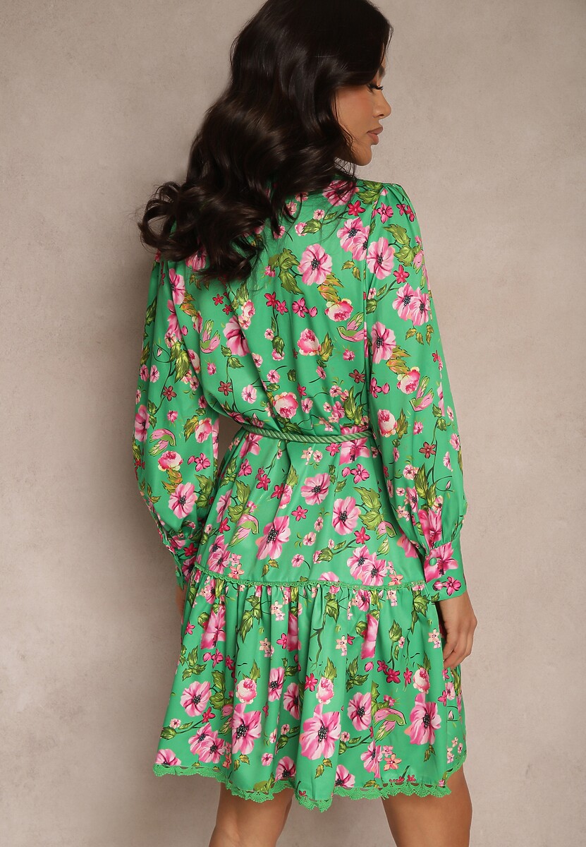 Zielona Rozkloszowana Sukienka z Koronkowymi Wstawkami i Sznurkiem Payten