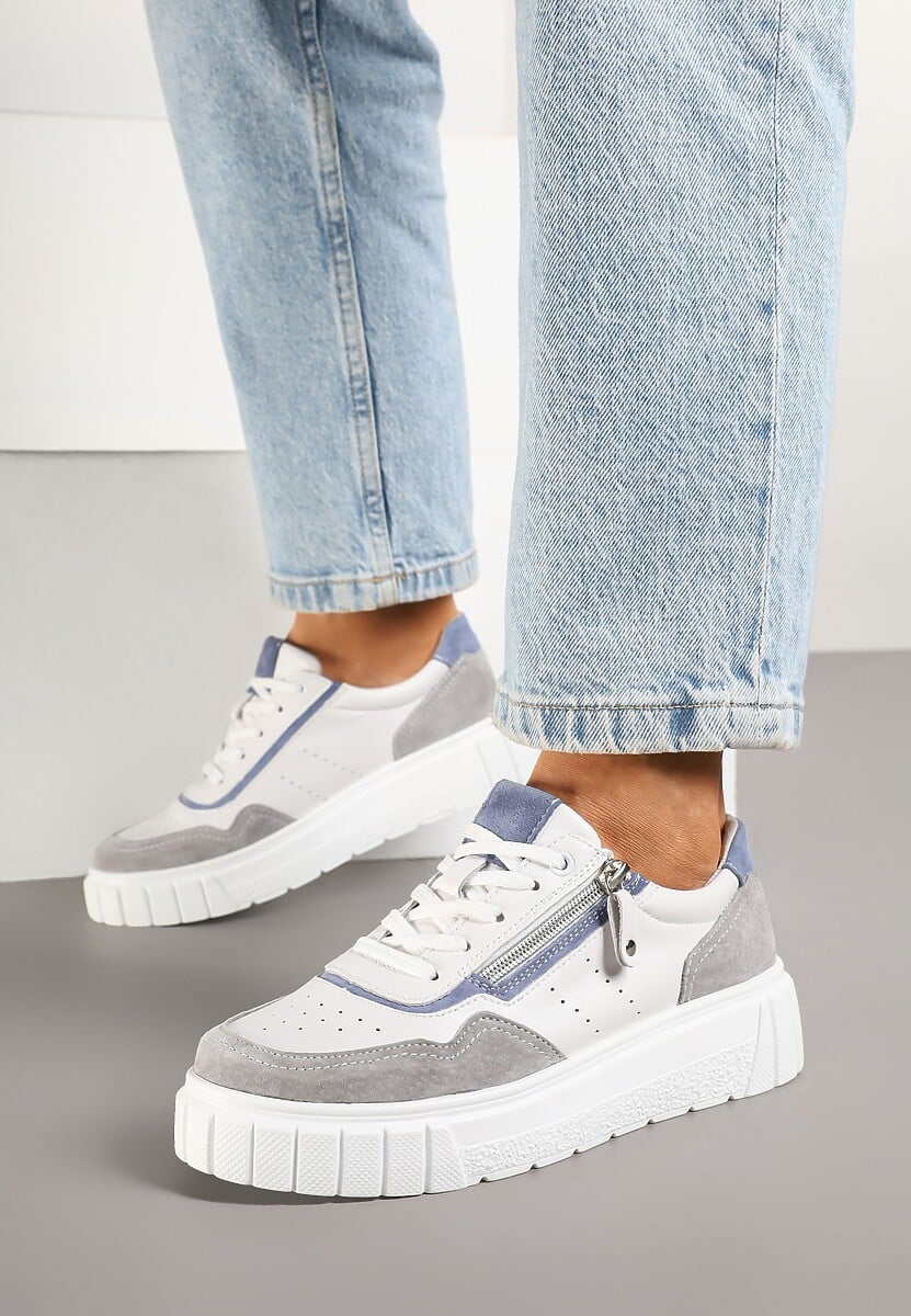 Biało-Szare Streetwearowe Sneakersy ze Skóry Naturalnej z Ozdobnym Suwakiem Eleavenna