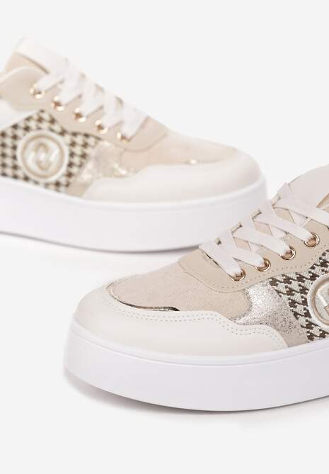 Beżowe Sznurowane Sneakersy na Grubej Podeszwie z Ozdobną Wstawką Minsa