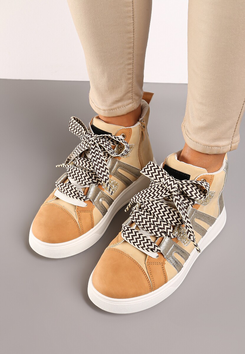 Ciemnobeżowe Streetwearowe Sneakersy na Grubej Podeszwie Ozdobione Kontrastowymi Wstawkami Kaittane