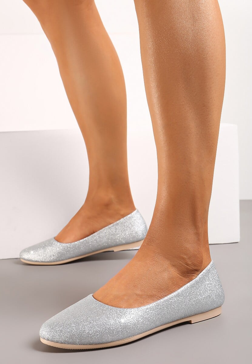Srebrne  Brokatowe Balerinki na Płaskiej Podeszwie Uarneli