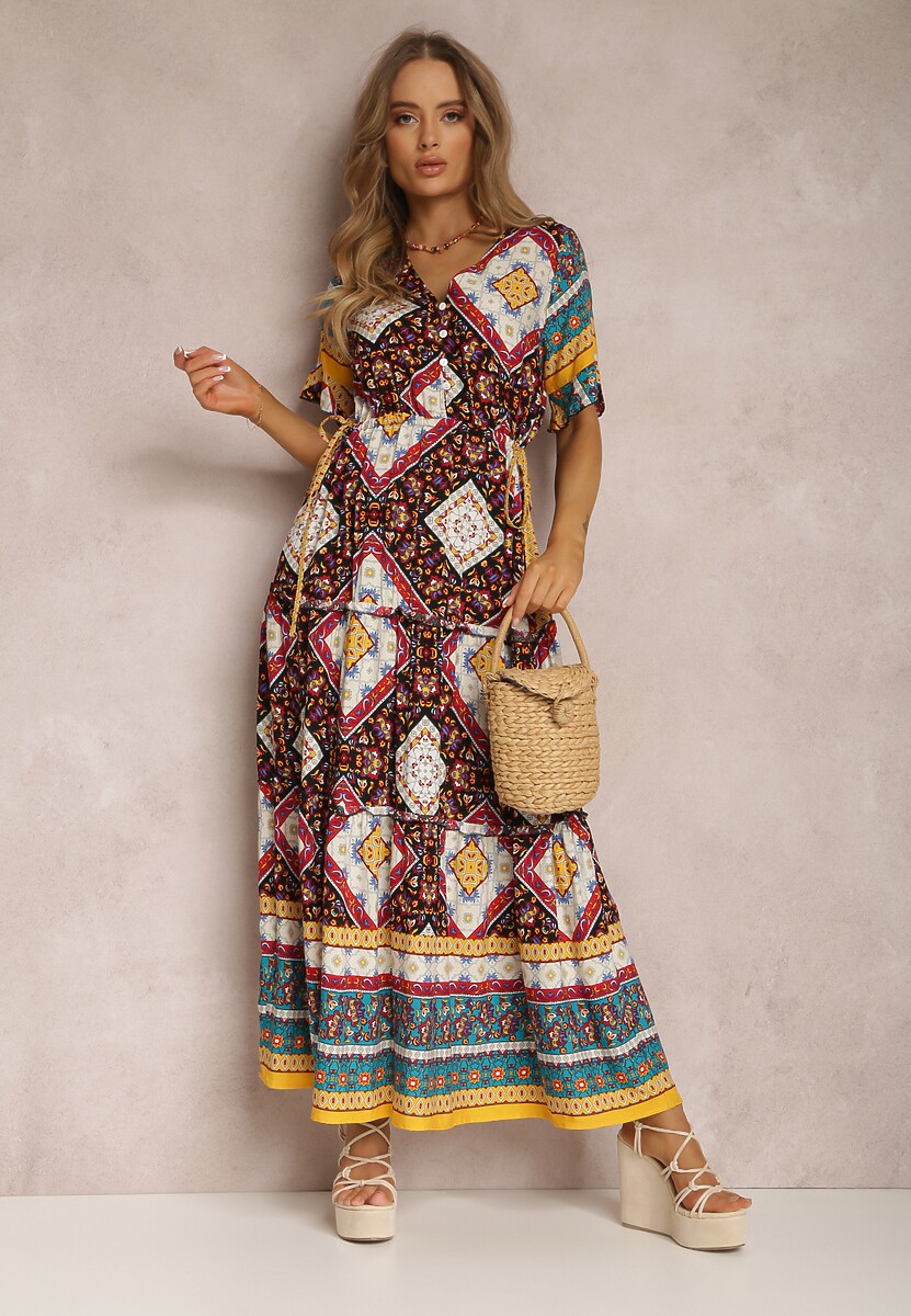 Czarno-Czerwona Sukienka z Wiskozy Olonice