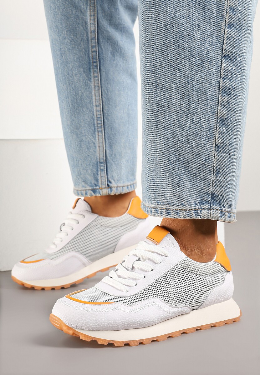 Białe Sneakersy Skórzane Ozdobione Geometrycznym Motywem Wibessa