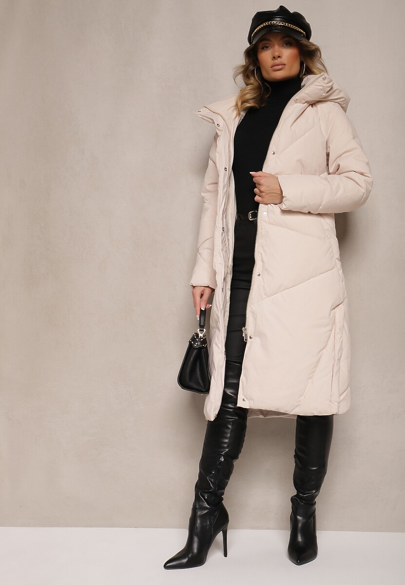 Jasnobeżowa Długa Kurtka z Pikowanymi Przeszyciami Kieszeniami i Kapturem Cemeriana