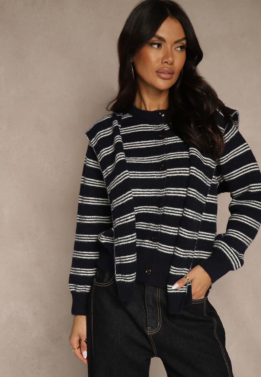 Beżowy Kardigan z Dodatkiem Wełny Zdobiony Wzorem w Paski i Narzutką Fedira